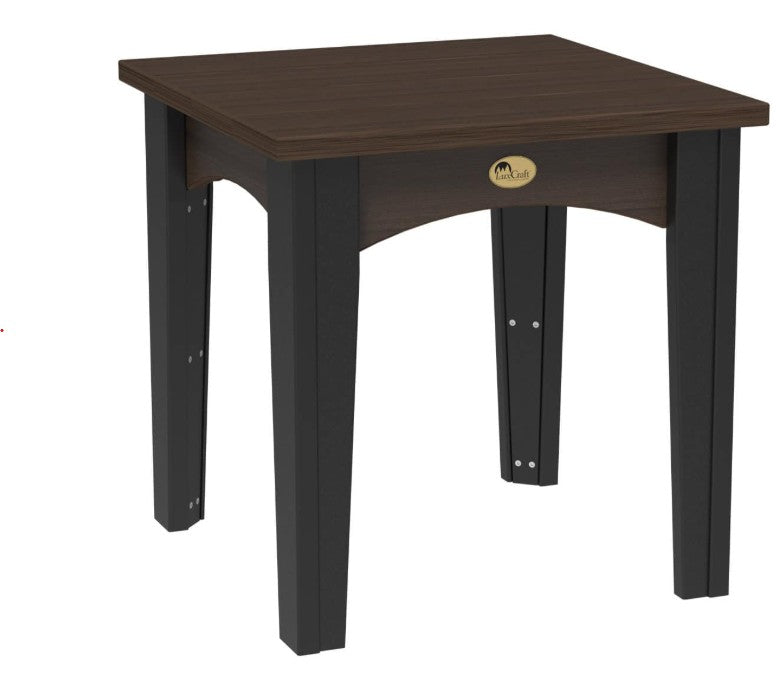 Brazilian walnut and black island end table on a white background.  