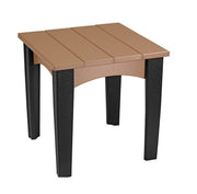 Cedar and black island end table on a white background.  