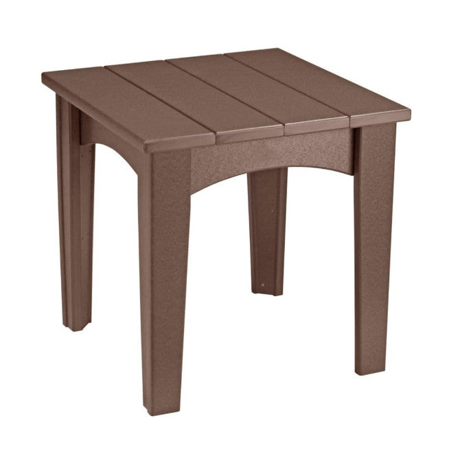 Chestnut brown island end table on a white background.  