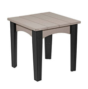 Weatherwood and black island end table on a white background.  