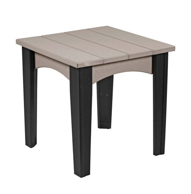 Weatherwood and black island end table on a white background.  