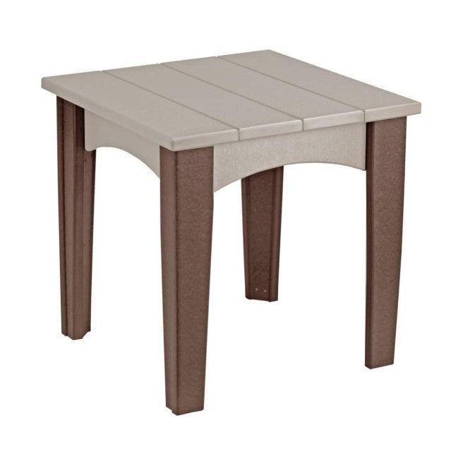 Weatherwood and chestnut brown island end table on a white background.  