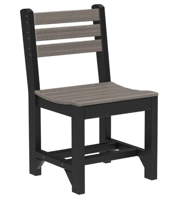 Chair with black frame and gray slatted seat and backrest on a white background