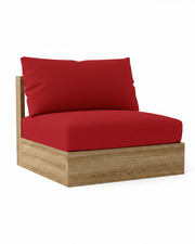 A modern outdoor lounge chair with a thick red cushion and a light brown wood-look base, shown on a plain white background.