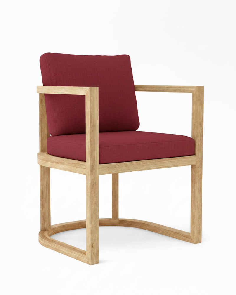 Anderson teak junus dining armchair with burgundy cushions on white background.  