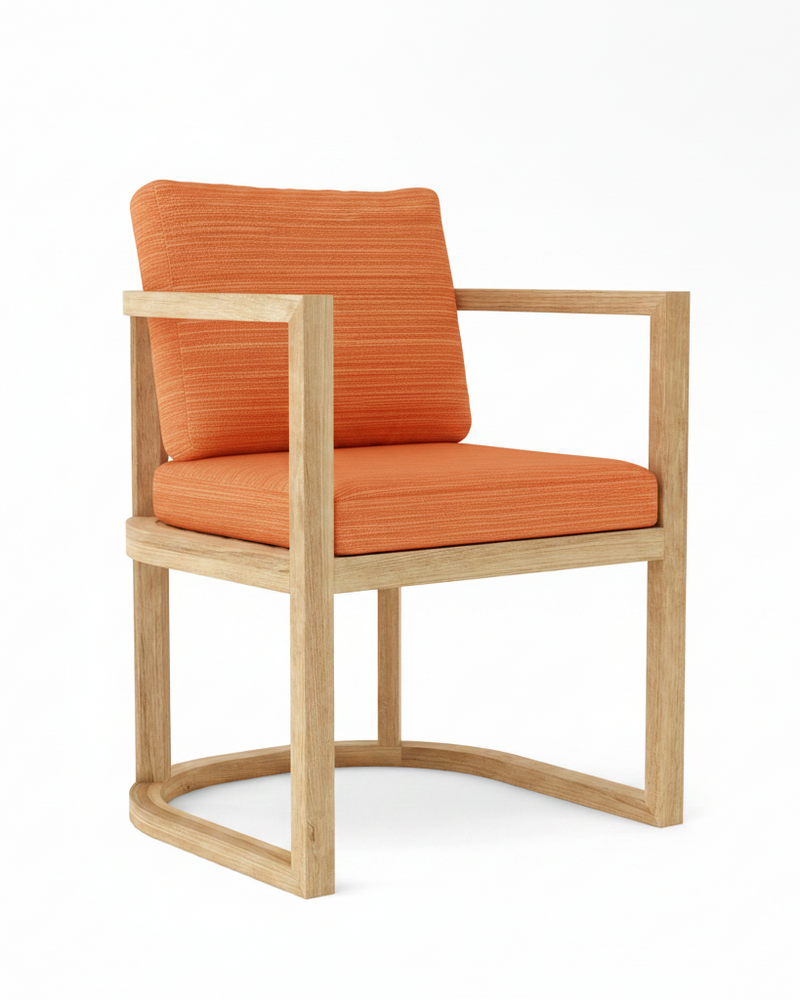 Anderson teak junus dining armchair with dupione papaya cushions on white background.  