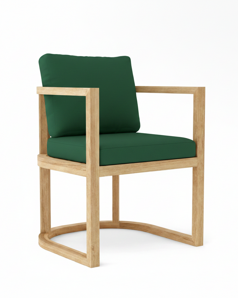 Anderson teak junus dining armchair with forest green cushions on white background.  