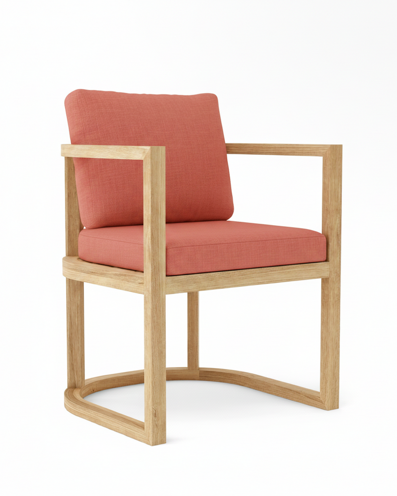 Anderson teak junus dining armchair with henna cushions on white background.  