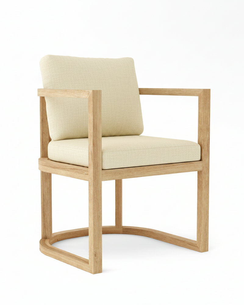 Anderson teak junus dining armchair with linen canvas cushions on white background.  
