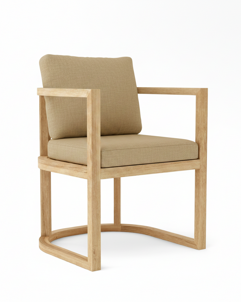 Anderson teak junus dining armchair with linen sesame cushions on white background.  