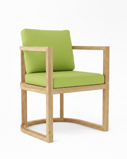 Anderson teak junus dining armchair with macaw cushions on white background.  