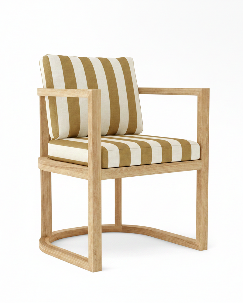 Anderson teak junus dining armchair with maxim heather beige cushions on white background.  