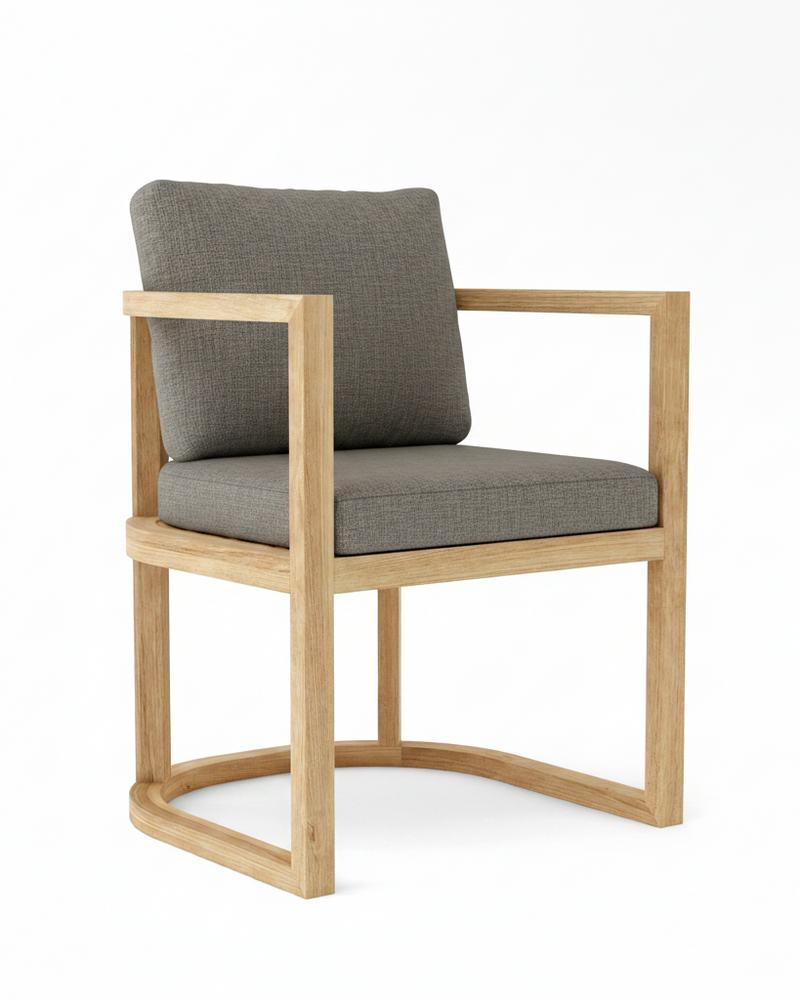 Anderson teak junus dining armchair with bliss smoke cushions on white background.  