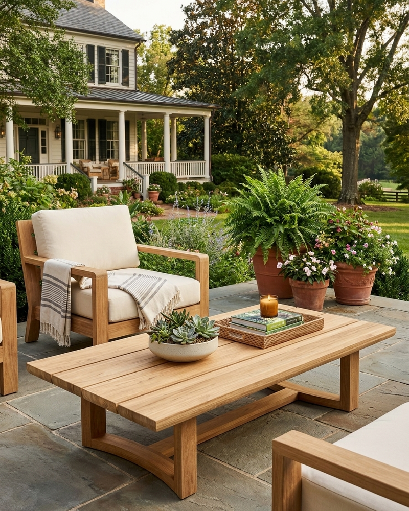 Anderson Teak Junus coffee table on stone patio with deep seting chairs and views of a southern home.  