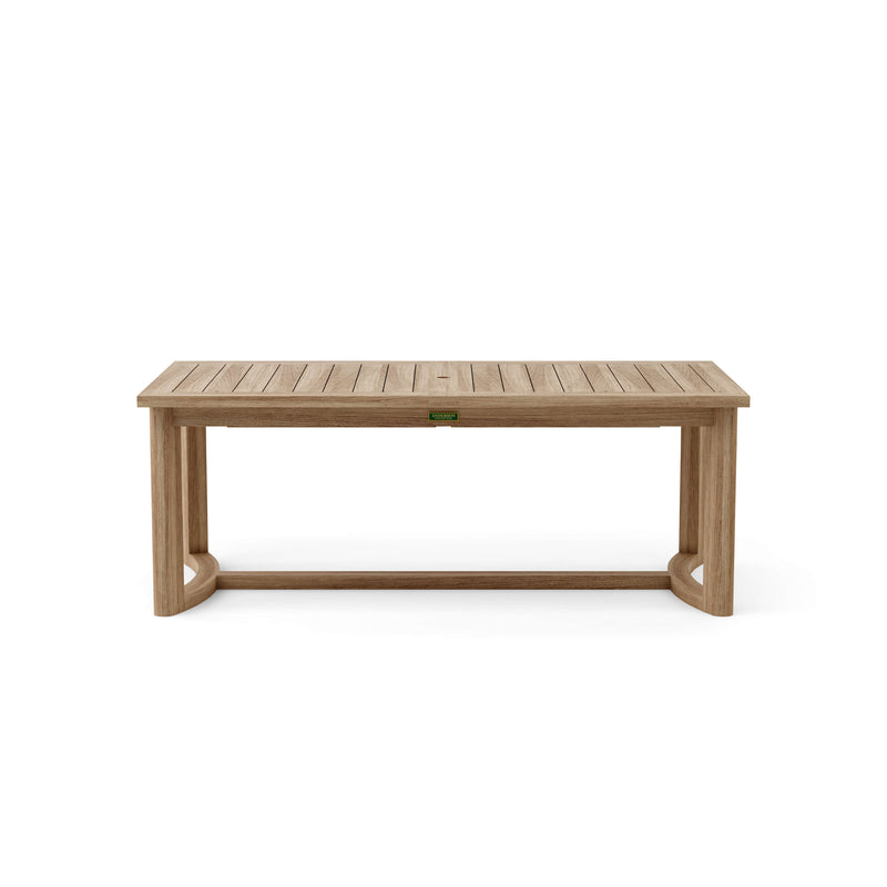 Junus teak extension dining table on white background. 