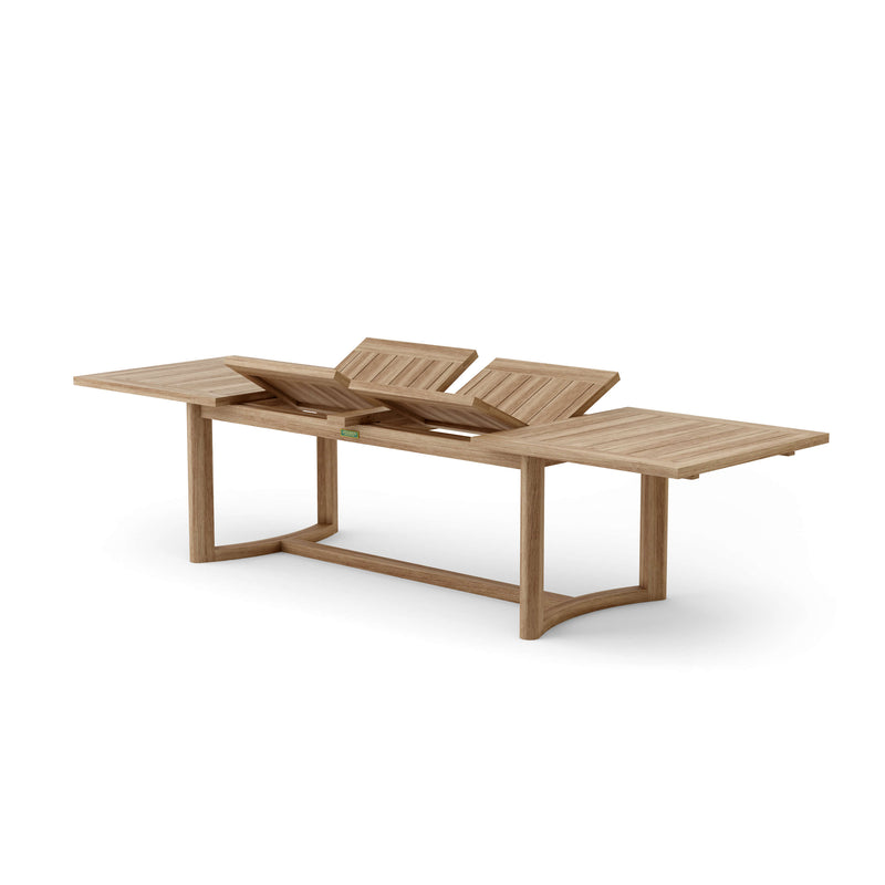 Junus teak extension dining table with pop up leaves on a white background.  