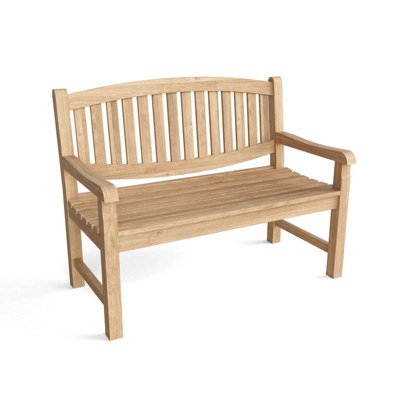 Anderson Teak Kingston 2-seater bench on white background.  