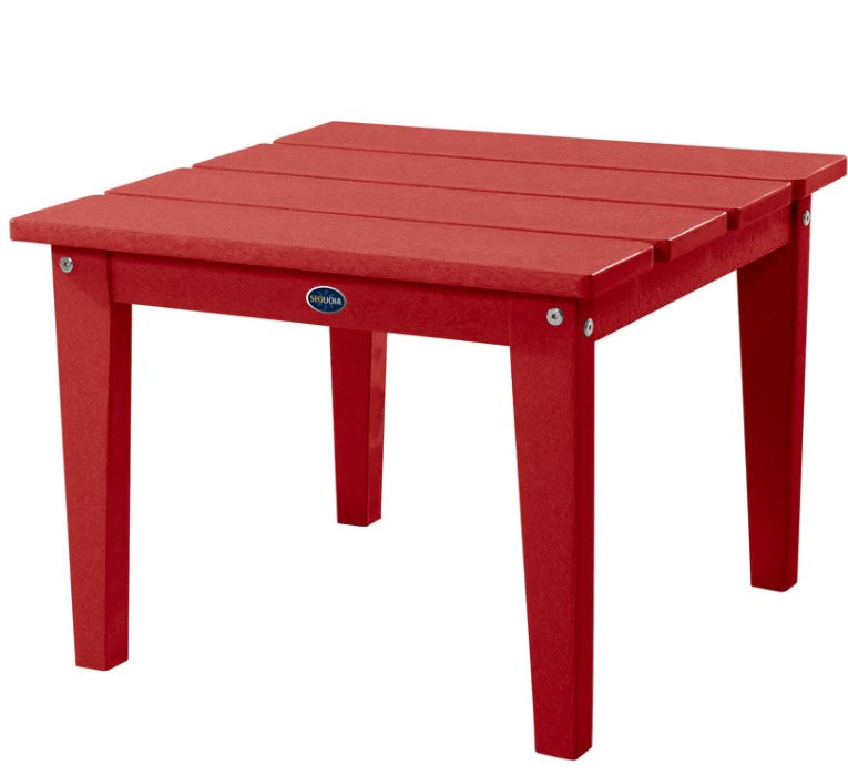 Red outdoor table with a visible brand logo on a white background