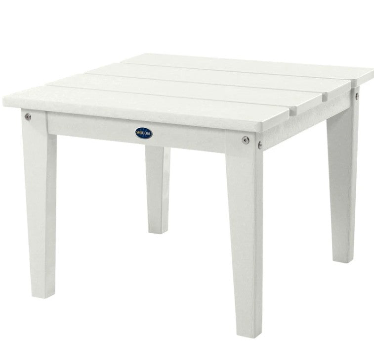 White outdoor table with a brand logo on a white background