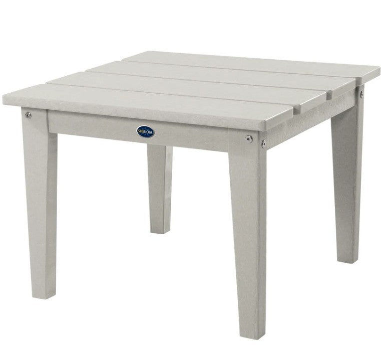 White outdoor table with a visible brand logo on a white background