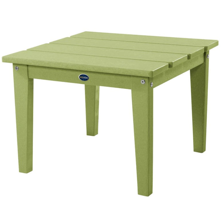 Green outdoor table with a visible brand logo on a white background