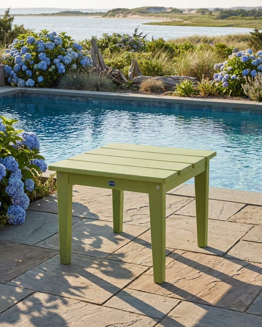 Green outdoor table by a pool with flowers and natural scenery