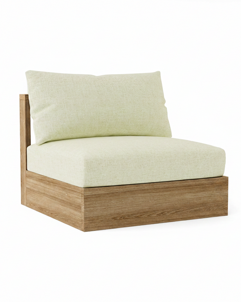 A modern outdoor lounge chair with a light sage green textured cushion and a natural wood base, shown on a solid white background.