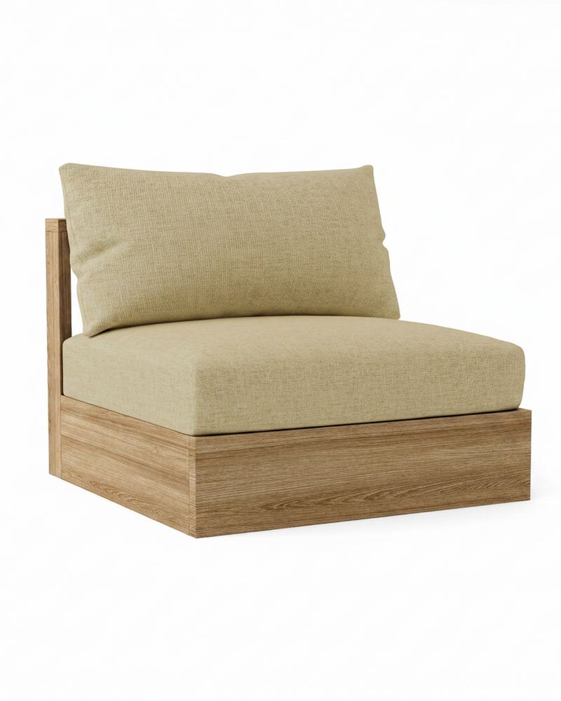A modern outdoor lounge chair with a light beige textured fabric cushion and backrest, supported by a solid light brown wood frame, shown on a plain white background.