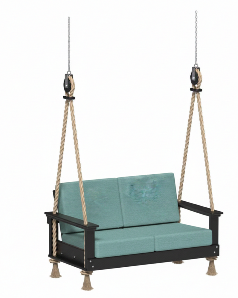 Teal cushioned swing with black frame and rope.