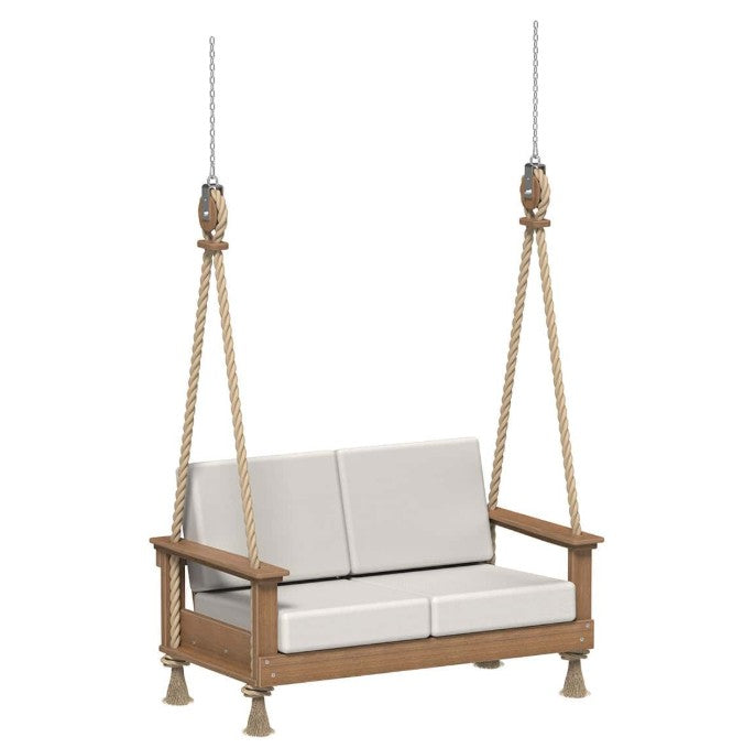 Porch swing with white cushions on a white background