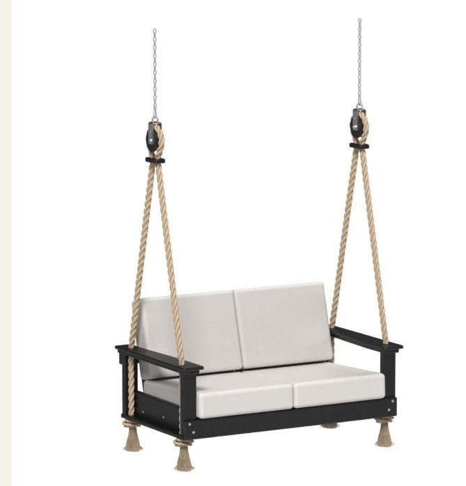 Two-seater swing with white cushions and black frame on a white background