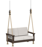 Porch swing with white cushions on a white background