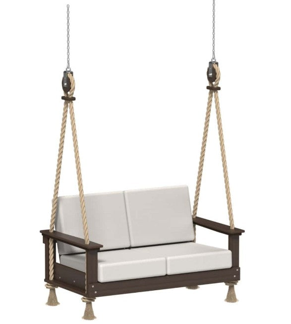 Porch swing with white cushions on a white background