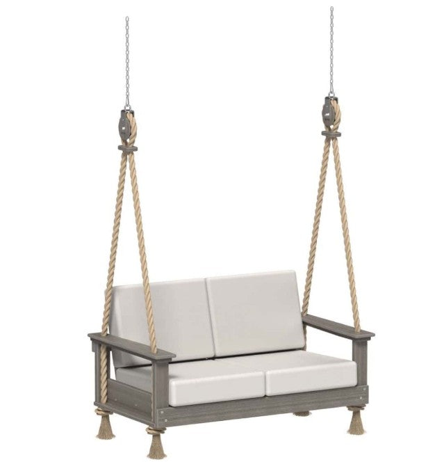 Porch swing with white cushions on a white background