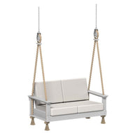 White swing chair with beige cushions on a white background