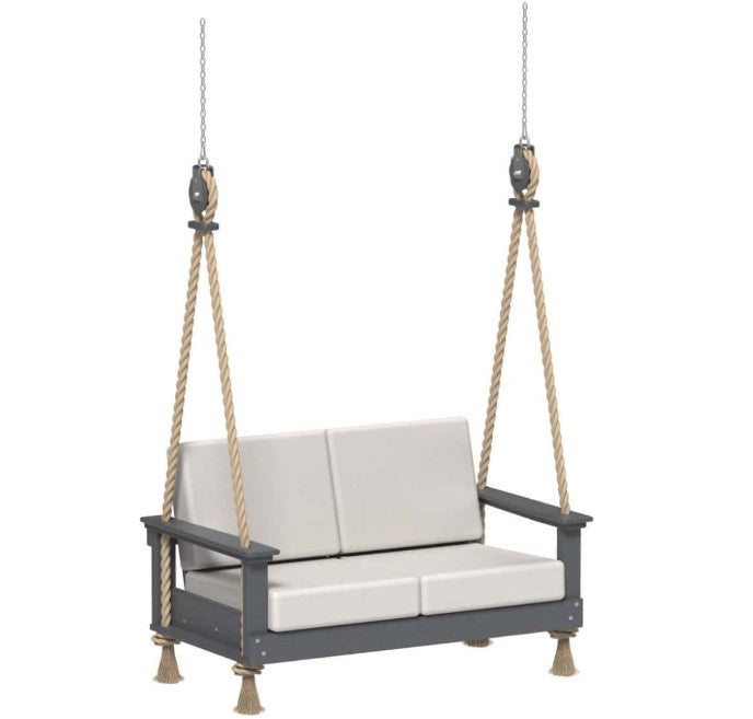 Outdoor swing with gray frame and white cushions on a white background