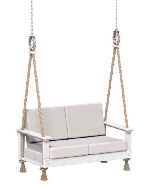 White swing with beige cushions on a white background