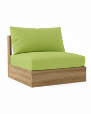 A modern outdoor lounge chair with a light brown wood frame and bright lime green cushions, shown on a solid white background.