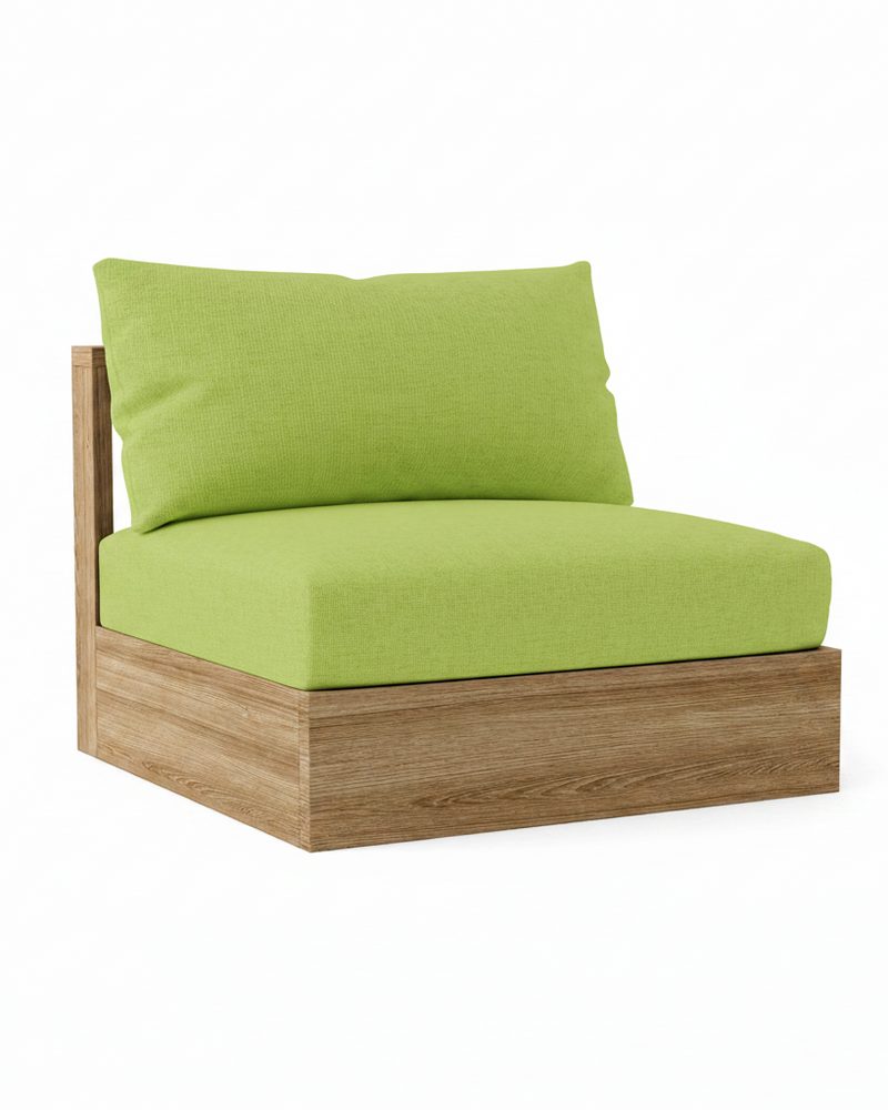 A modern outdoor lounge chair with a light brown wood frame and bright lime green cushions, shown on a solid white background.
