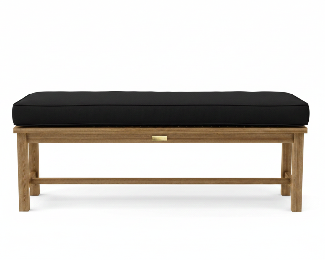 A wooden bench with a thick black cushioned seat and a small brass pull handle on the front, shown against a plain white background.