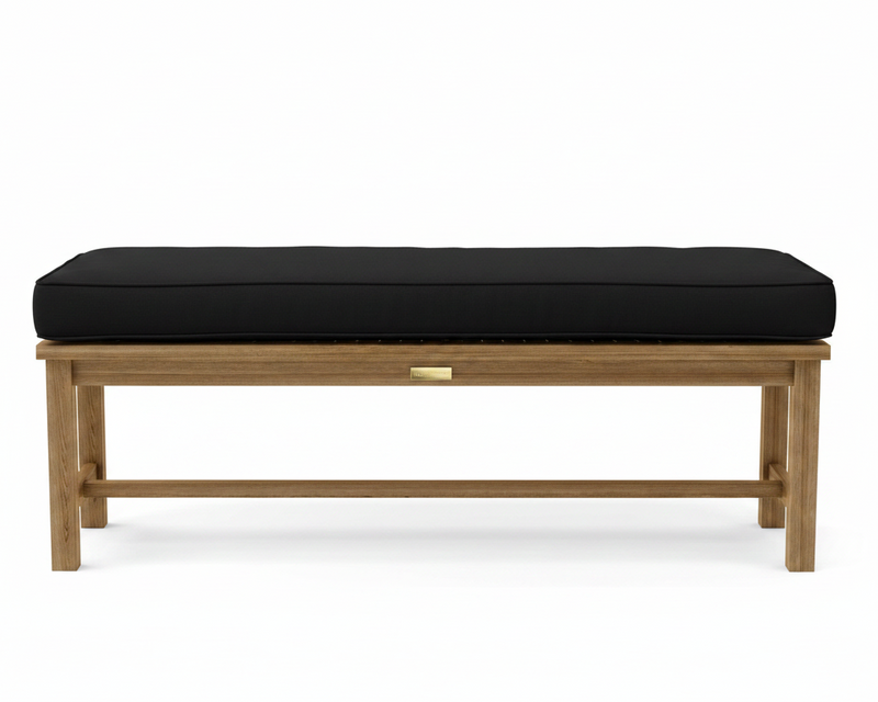 A wooden bench with a thick black cushioned seat and a small brass pull handle on the front, shown against a plain white background.