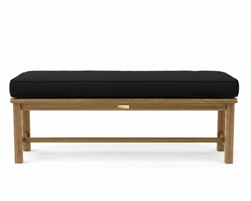 A wooden bench with a thick black cushioned seat and a small brass pull handle on the front, shown against a plain white background.