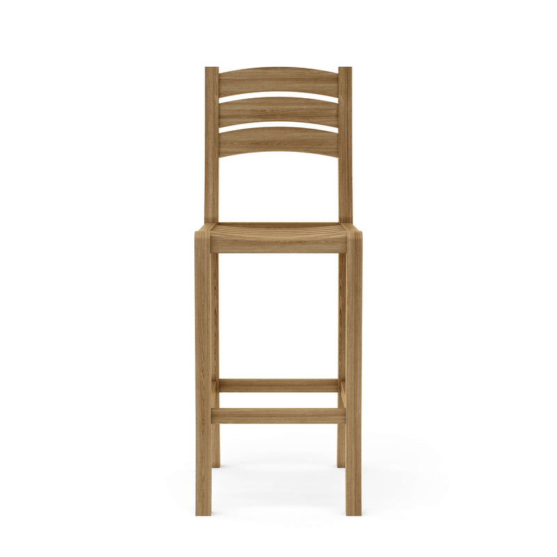 Wooden bar stool with slatted backrest on a white background
