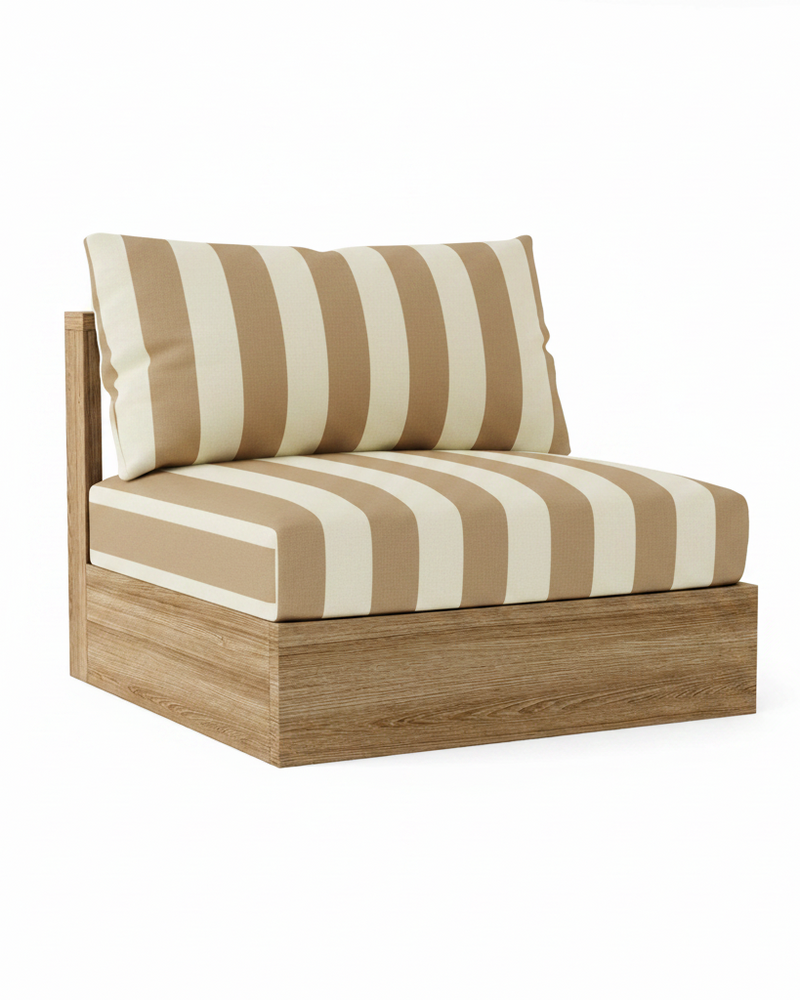 A low-profile outdoor lounge chair with a wooden frame and striped cushions in beige and off-white, shown on a solid white background.