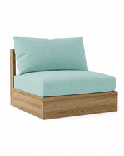 A modern outdoor lounge chair cushion set in light aqua blue, featuring a thick seat cushion, a matching back cushion, and a natural wood frame, shown on a solid white background.
