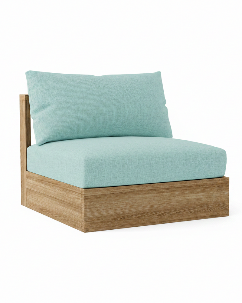 A modern outdoor lounge chair cushion set in light aqua blue, featuring a thick seat cushion, a matching back cushion, and a natural wood frame, shown on a solid white background.