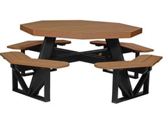 picnic table with wooden top and black legs on a white background