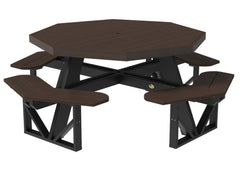 picnic table with brown top and black legs on a white background