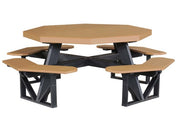 Octagon picnic table with cedar colored top and black seats on a white background