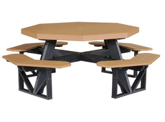 Octagon picnic table with cedar colored top and black seats on a white background
